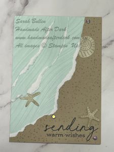 Handmade greeting card with Crumb Cake and Pool Party colors, featuring "Sending warm wishes" sentiment.