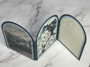 Handmade thank you card with triple fold design, featuring the Beautiful Gallery Suite, using Secret Sea and Cloud Cover.