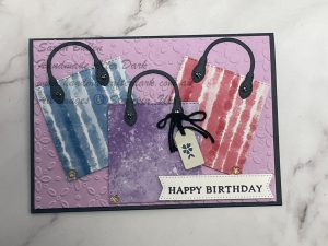 Handmade birthday card featuring Notes & Totes bundle in Secret Sea and Fresh Freesia colors