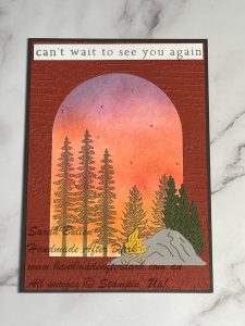 Friendship-themed handmade card in Early Espresso and Cajun Craze, with ink blended scenic background.