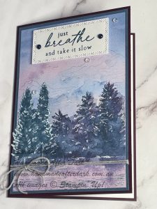 Handmade card featuring scenic landscape with Blackberry Bliss and Misty Moonlight colors in a calming theme