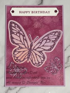 Handmade birthday card with butterflies, embossed background, in Fresh Freesia colour.