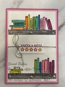 Handmade friendship card featuring bright pink and purple colours with book-themed images and simple design.