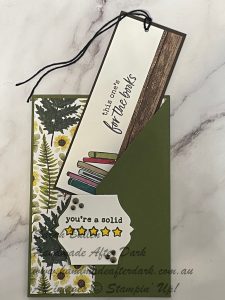 Handmade friendship card with integrated bookmark made using 'For the Books' bundle in mossy meadow colour.