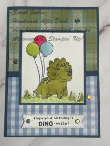 Handmade birthday card featuring playful dinosaurs colored with Stampin' Blends and masked layers, in Misty Moonlight colour