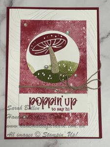 Handmade hello card featuring toadstools from the Terrific Toadstools suite on Cherry Cobbler background