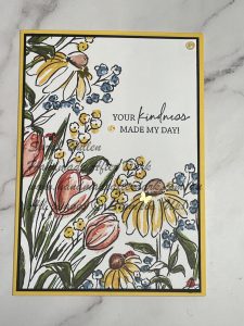 Handmade friendship card with Mixed Florals bundle, Daffodil Delight colour, and floral accents.
