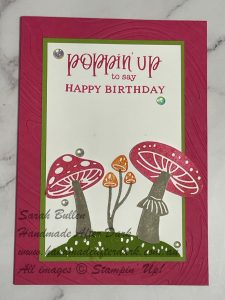 Bright birthday card featuring toadstools in Melon Mambo and Granny Apple Green with a simple design