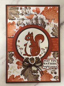 Handmade card featuring a cute squirrel stamped with Cajun Craze and Early Espresso colours, with simple layered design.