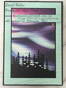 Handmade card featuring aurora lights design using Pool Party and Basic Black cardstock
