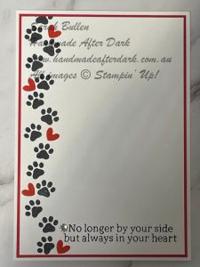 Handmade pet sympathy card with pet image on white background, black and red accents