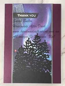 Elegant handmade thank you card with Aurora Lights design, heat embossing in Blackberry Bliss and Basic Gray.