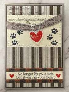 Handmade pet sympathy card with gray and red tones, featuring pet images and heartfelt sentiment.