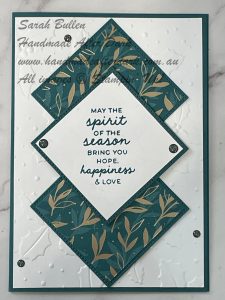 Handmade Christmas card featuring Jolly Holly bundle with Pretty Peacock and Basic White cardstock.