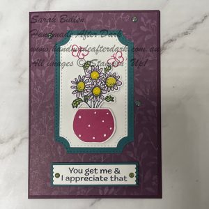 Handmade friendship card featuring flowers in Blackberry Bliss and Pretty Peacock with a floral design.