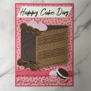 Handmade birthday card using Cake Day bundle in Strawberry Slush and Early Espresso with stamped and layered details.