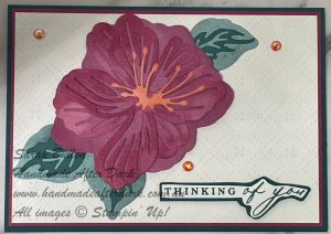 Handmade Thinking of You card featuring Pretty Peacock and Berry Burst colours with floral accents