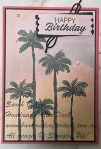 Beautiful handmade birthday card featuring the Boardwalk Fun suite in Strawberry Slush and Basic Black colours.