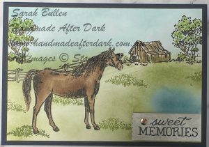 Handmade card featuring "Sweet Memories" theme, ink blending background in blue and green, with a floral design and elegant greeting.