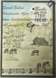 Handmade friendship card featuring ink blending, landscape images, and calming blue and green tones.