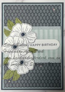 Handmade birthday card featuring floral bouquet with Secret Sea and Cloud Cover colours