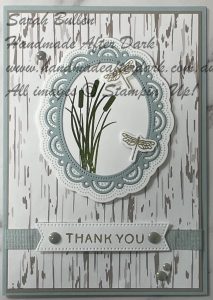 Beautiful handmade thank you card featuring scalloped edges and soft grey and blue tones