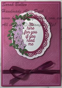 Handmade friendship card featuring scalloped edges and Berry Burst colour with stamped floral designs.