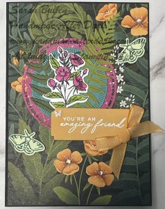 Friendship card featuring Fern & Flora with heat embossing in green, black, and gold tones.