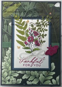Handmade friendship card featuring Fern & Flora botanical images in green and berry tones.