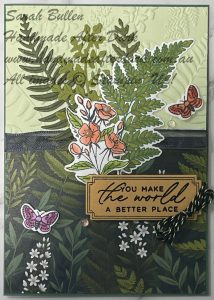 Handmade friendship card featuring fern images and heat embossed sentiment, with a peaceful, natural design.