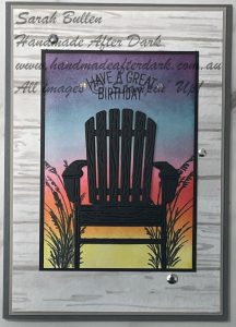 Handmade birthday card featuring ink blended waterside scene in black and gray tones