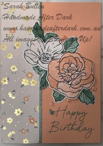 Handmade birthday card featuring Boutique Blossoms flowers in Crisp Cantaloupe and Peaceful Pine colors.