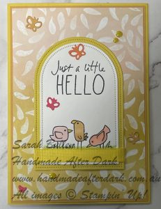 Handmade "Hello" card with cute characters from the Cutest Crew bundle in Darling Duckling colours