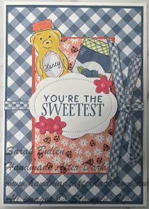 Handmade thank you card featuring the Filled with Sweetness bundle with Misty Moonlight and Calypso Coral colours.