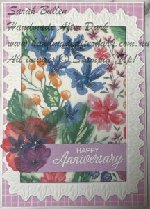 Elegant handmade anniversary card featuring heat embossing in Fresh Freesia with frames and sentiment.
