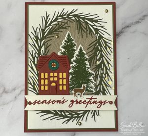 Handmade Christmas card using the Stampin’ Up! Neutral Noel Suite with layered pine wreath, house, trees and deer.